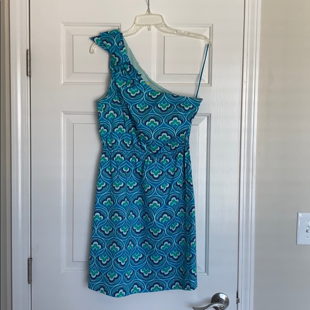 One Shoulder Dress Blue Green Peacock Print